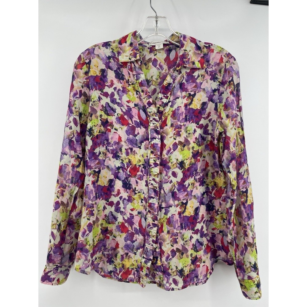 Floral Top Women's XS Silk Cotton Button Up Ruffle Front Spring Western Boho‎